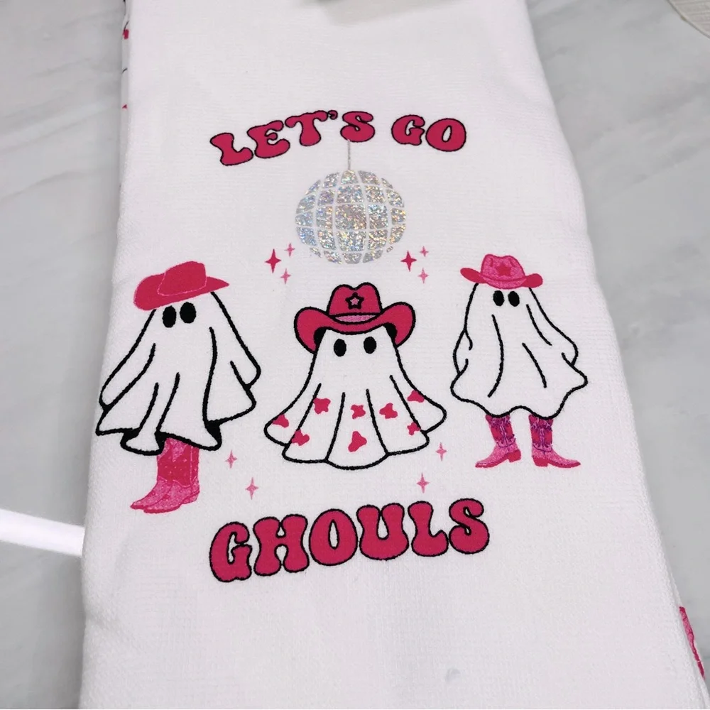 Isaac Mizrahi New York Let's Go Ghouls Pink Cowboy Ghost Kitchen Towels Set of 2